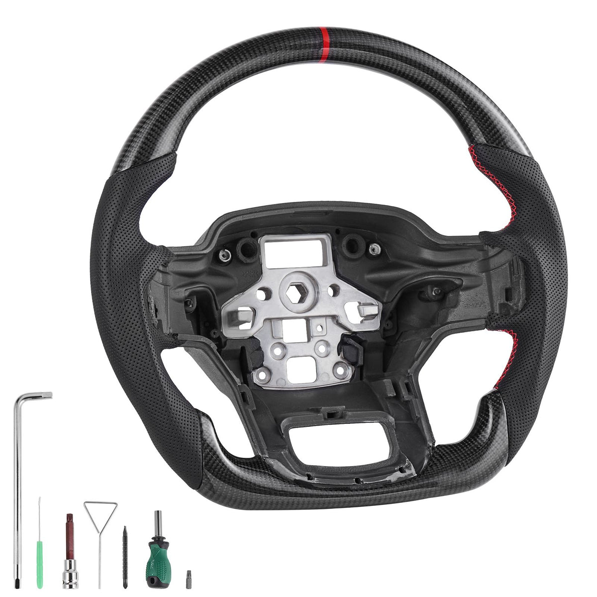Steering Wheel for 2021-2024 Ford F150, Carbon Fiber Steering Wheel D-Shaped Flat-Bottom, Leather Grip with Non-Slip Texture & Precise Stitching, Accessories Replacement for Ford F150, Black