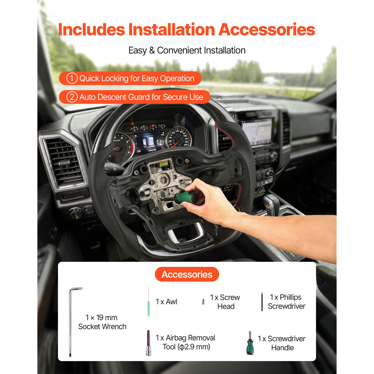 Steering Wheel for 2021-2024 Ford F150, Carbon Fiber Steering Wheel D-Shaped Flat-Bottom, Leather Grip with Non-Slip Texture & Precise Stitching, Accessories Replacement for Ford F150, Black