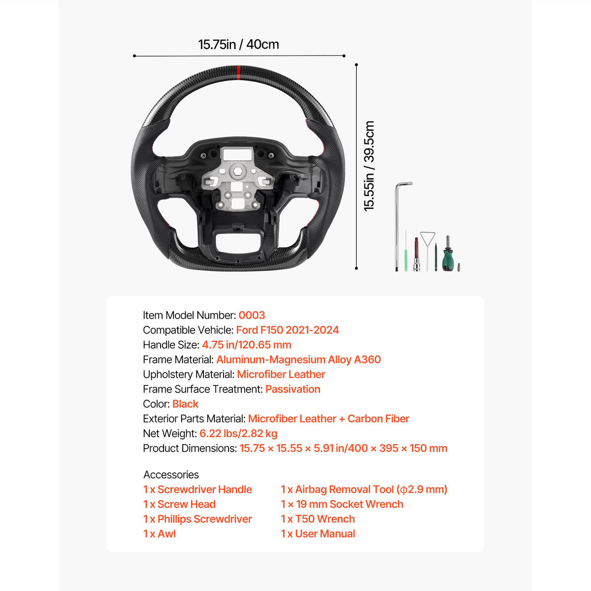 Steering Wheel for 2021-2024 Ford F150, Carbon Fiber Steering Wheel D-Shaped Flat-Bottom, Leather Grip with Non-Slip Texture & Precise Stitching, Accessories Replacement for Ford F150, Black