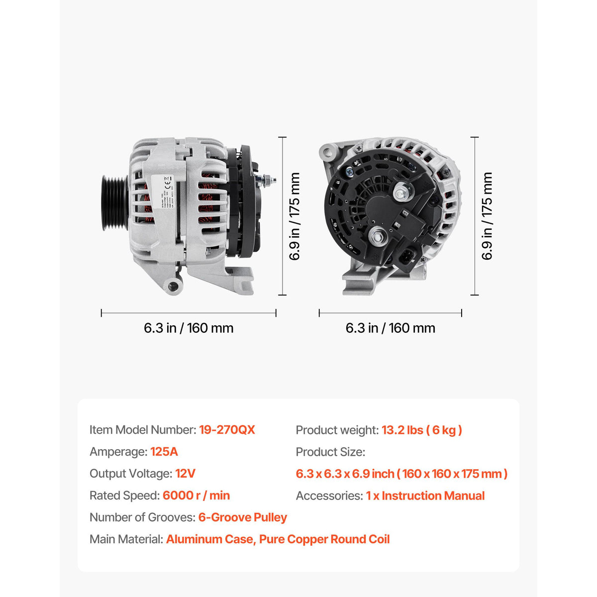 Car Alternator 11185, Fit for Chevrolet Impala LS, LT 3.5L 2006-2011, Impala LTZ 3.9L 2009-2010, Monte Carlo V6 2006-2007, Automotive Replacement Alternator 0124425102, 0124425032, 10335497