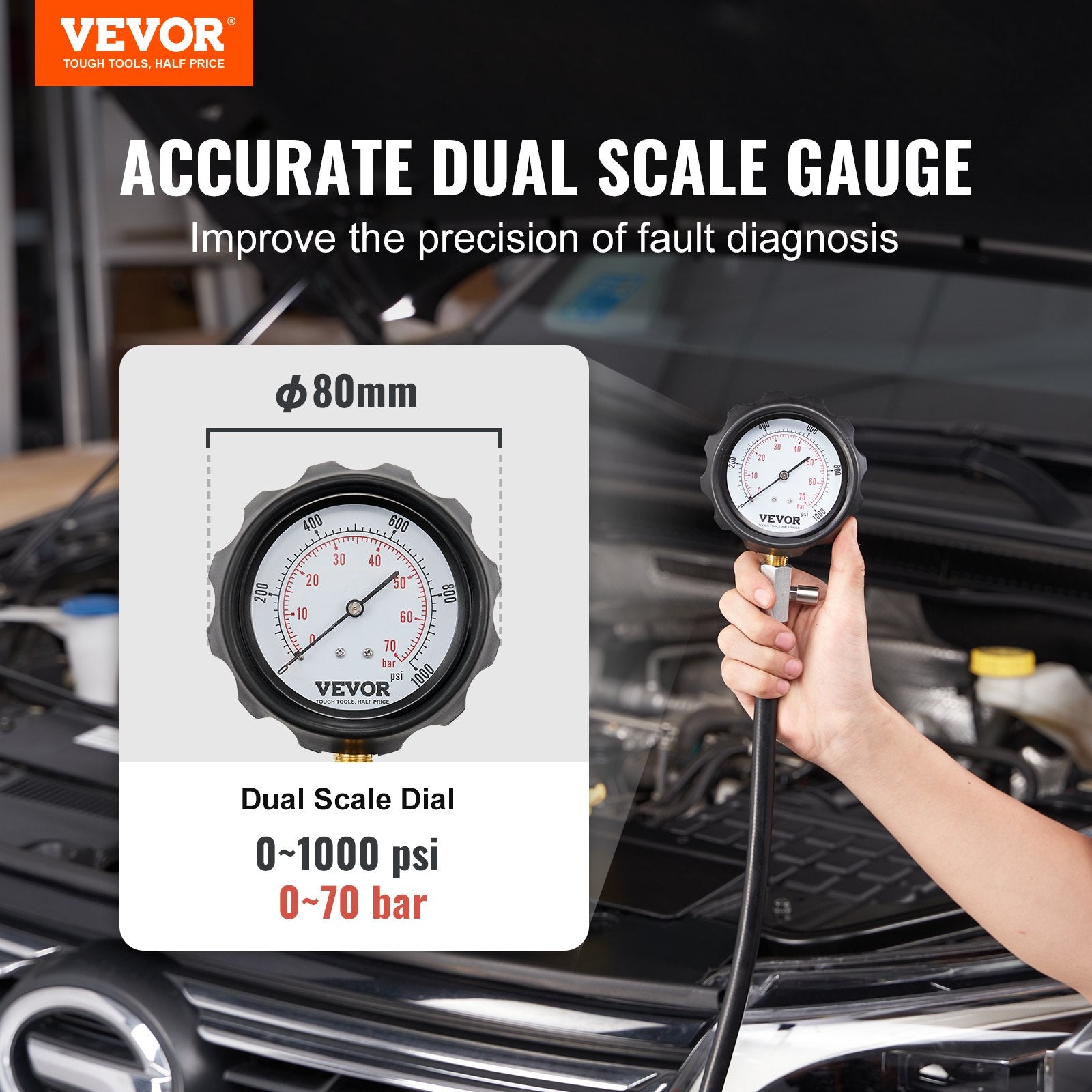 Automotive Repair & Speciality Tools: VEVOR Diesel Engine Compression Tester, 18 pcs Cylinder Pressure Test Tool Kit, with 0-1000 psi Gauge and Adapters, Diesel Injector Tester Check Cylinders in Diesel Trucks, Tractors, Equipment