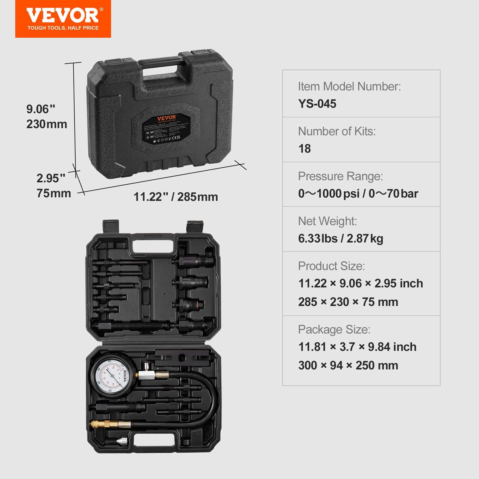 Automotive Repair & Speciality Tools: VEVOR Diesel Engine Compression Tester, 18 pcs Cylinder Pressure Test Tool Kit, with 0-1000 psi Gauge and Adapters, Diesel Injector Tester Check Cylinders in Diesel Trucks, Tractors, Equipment