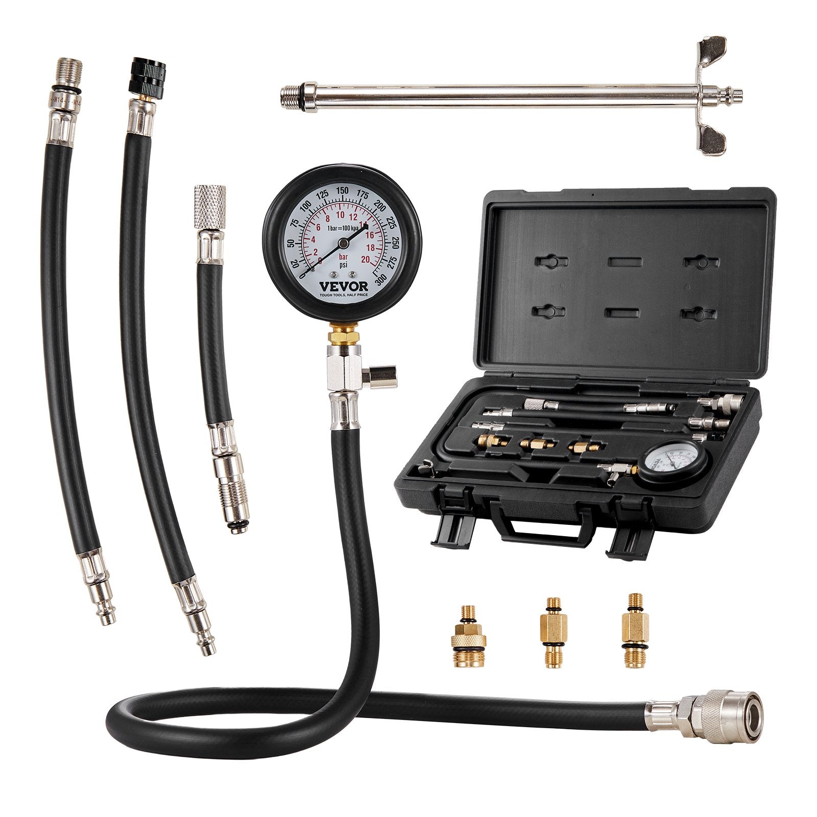 Automotive Repair & Speciality Tools: VEVOR Compression Tester Adapter Kit, 9 Pcs Automotive Engine Cylinder Leak Down Compression Test, Accurate Dual Scale Pressure Gauge 0-300 psi, with Long Reach Hoses and Case for Engine Cylinders
