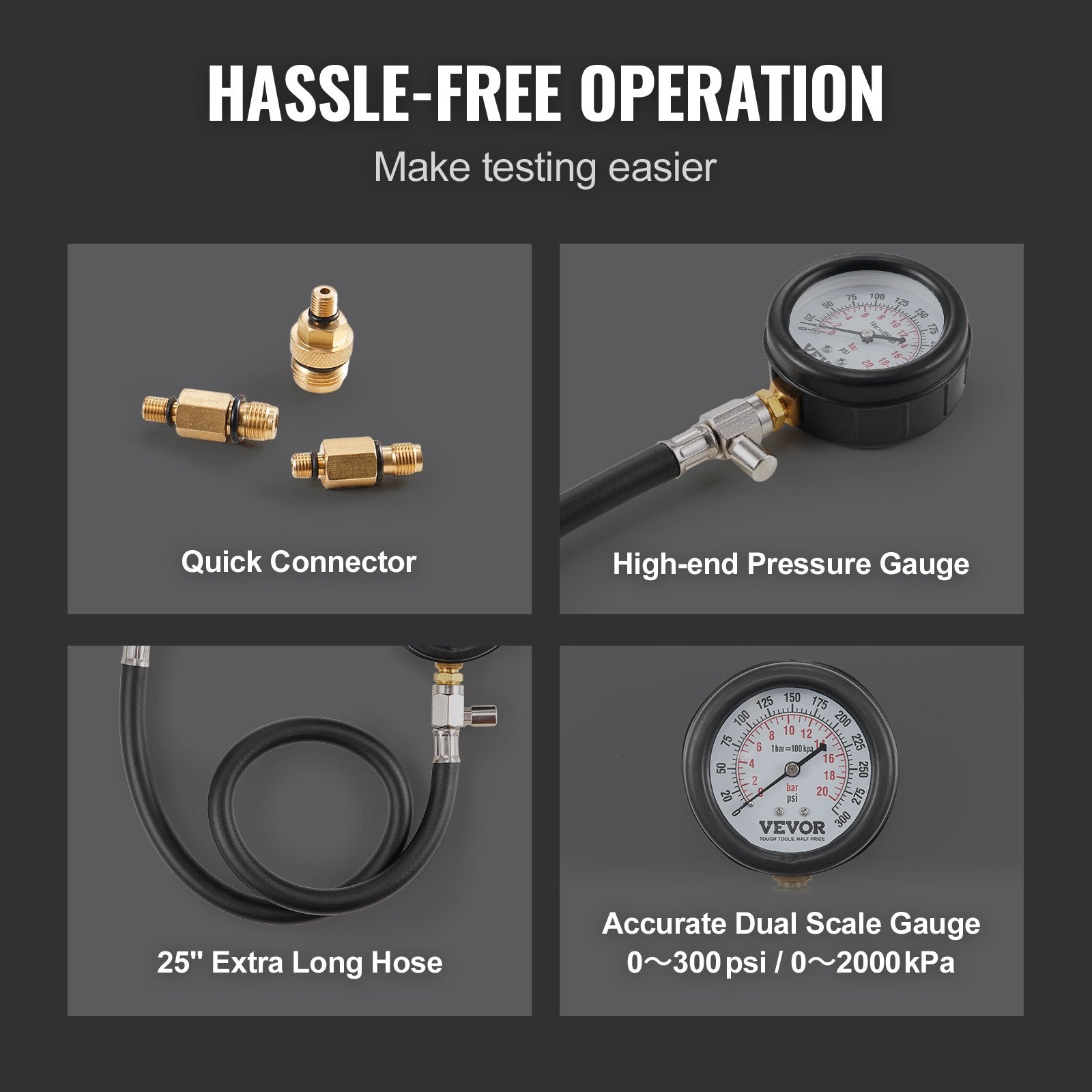 Automotive Repair & Speciality Tools: VEVOR Compression Tester Adapter Kit, 9 Pcs Automotive Engine Cylinder Leak Down Compression Test, Accurate Dual Scale Pressure Gauge 0-300 psi, with Long Reach Hoses and Case for Engine Cylinders