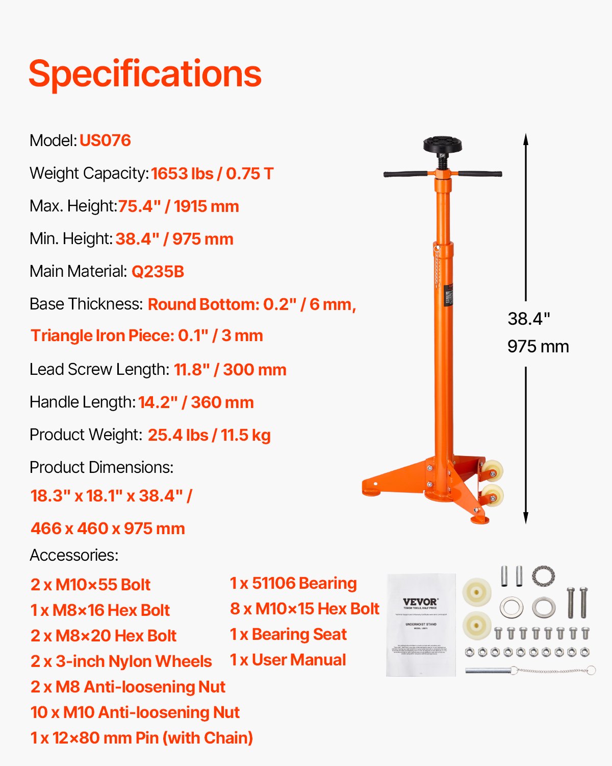 Lifts & Hoists: VEVOR Underhoist Support Stand, 3/4 Ton Capacity Under Hoist Jack Stand, Lifting from 38.4 to 75.4 in, Bearing Mounted Spin Handle, Self-Locking Threaded Screw, Two Wheels, Support Vehicle Components