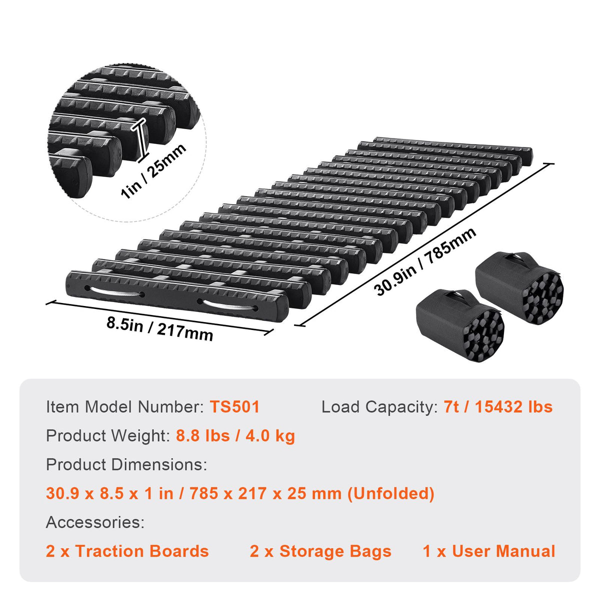 7 TON Traction Boards with TPR Material, Recovery Boards for Off-road Vehicles/Cars/Pickups/SUVs/RVs, Pair Tire Traction Mats on Snow, Sand, Mud and Loose Terrain, Storage Bags, Short, Black