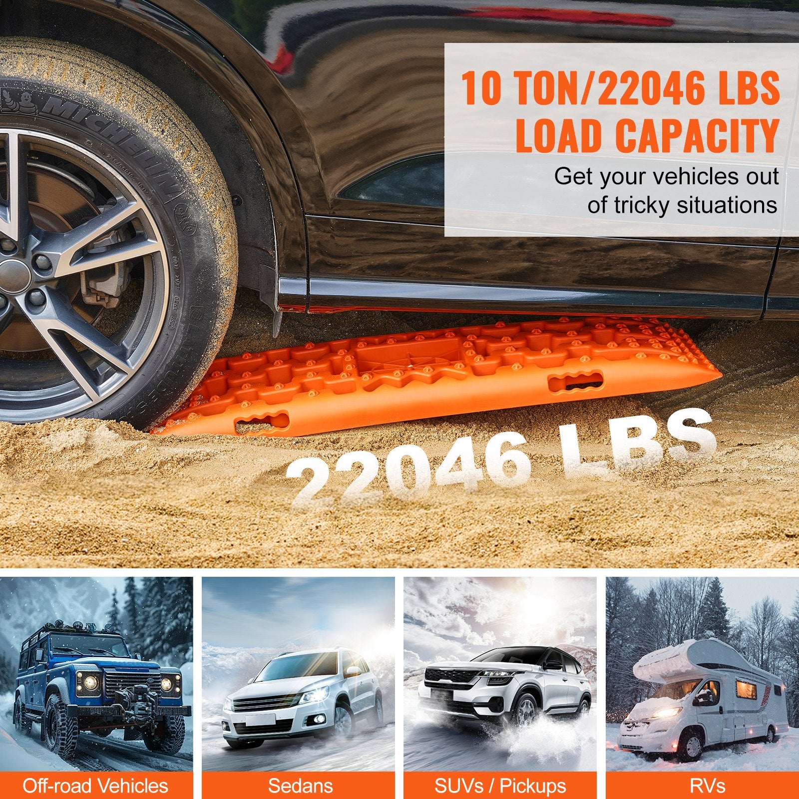 Automotive Decor: VEVOR 10 TON Traction Boards with PP Material, Recovery Boards for Off-road Vehicles/Cars/Pickups/SUVs/RVs, Pair Tire Traction Mats on Snow, Sand, Mud and Loose Terrain, Storage Bag, Long, Orange