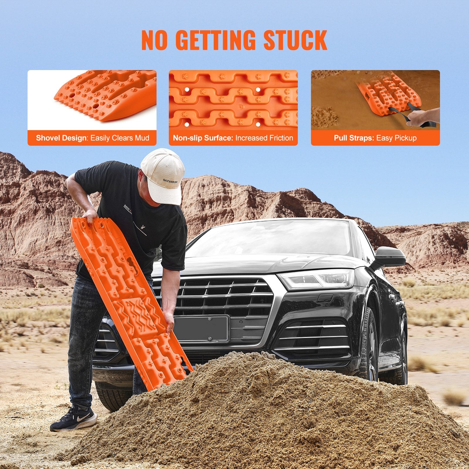 Automotive Decor: VEVOR 10 TON Traction Boards with PP Material, Recovery Boards for Off-road Vehicles/Cars/Pickups/SUVs/RVs, Pair Tire Traction Mats on Snow, Sand, Mud and Loose Terrain, Storage Bag, Long, Orange