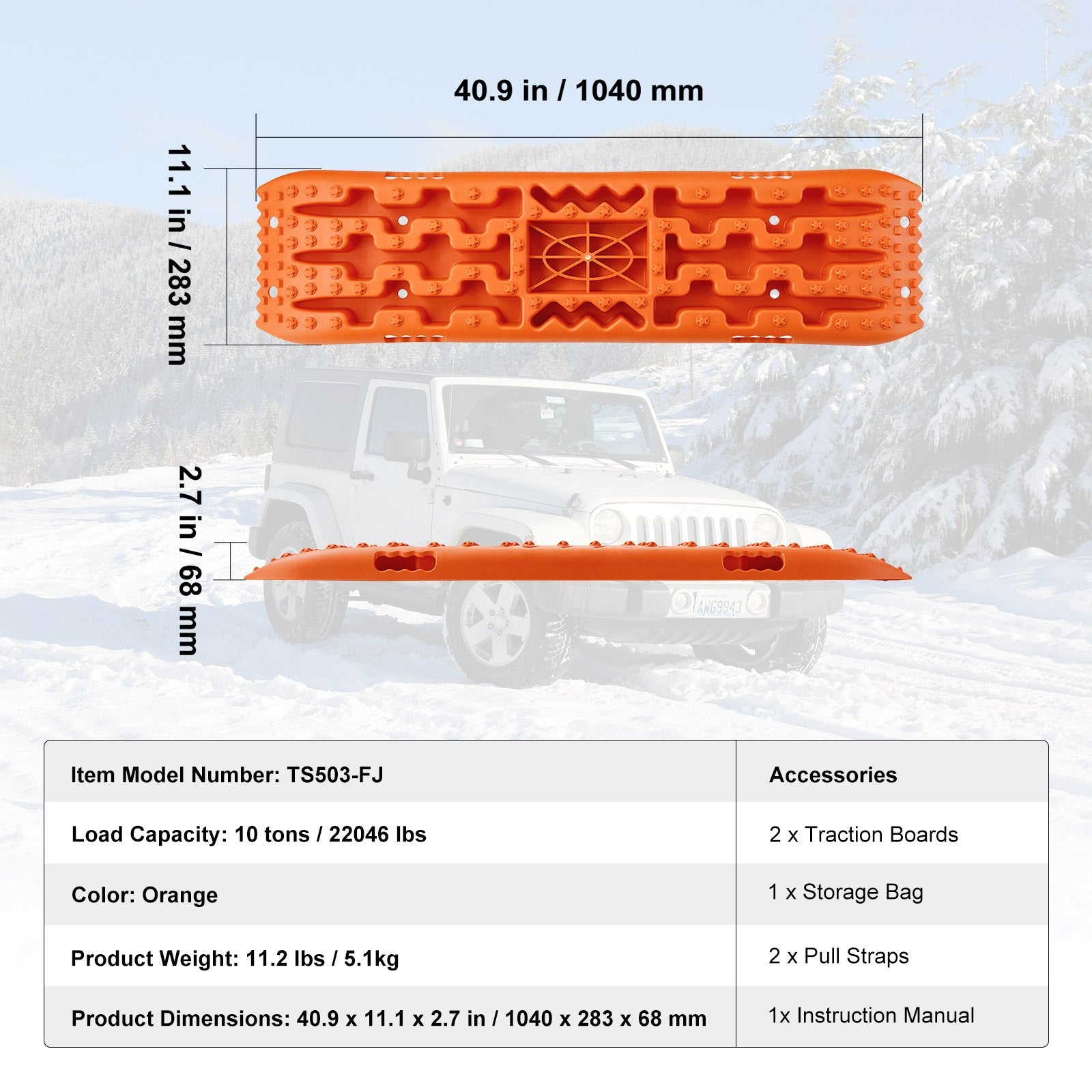 Automotive Decor: VEVOR 10 TON Traction Boards with PP Material, Recovery Boards for Off-road Vehicles/Cars/Pickups/SUVs/RVs, Pair Tire Traction Mats on Snow, Sand, Mud and Loose Terrain, Storage Bag, Long, Orange