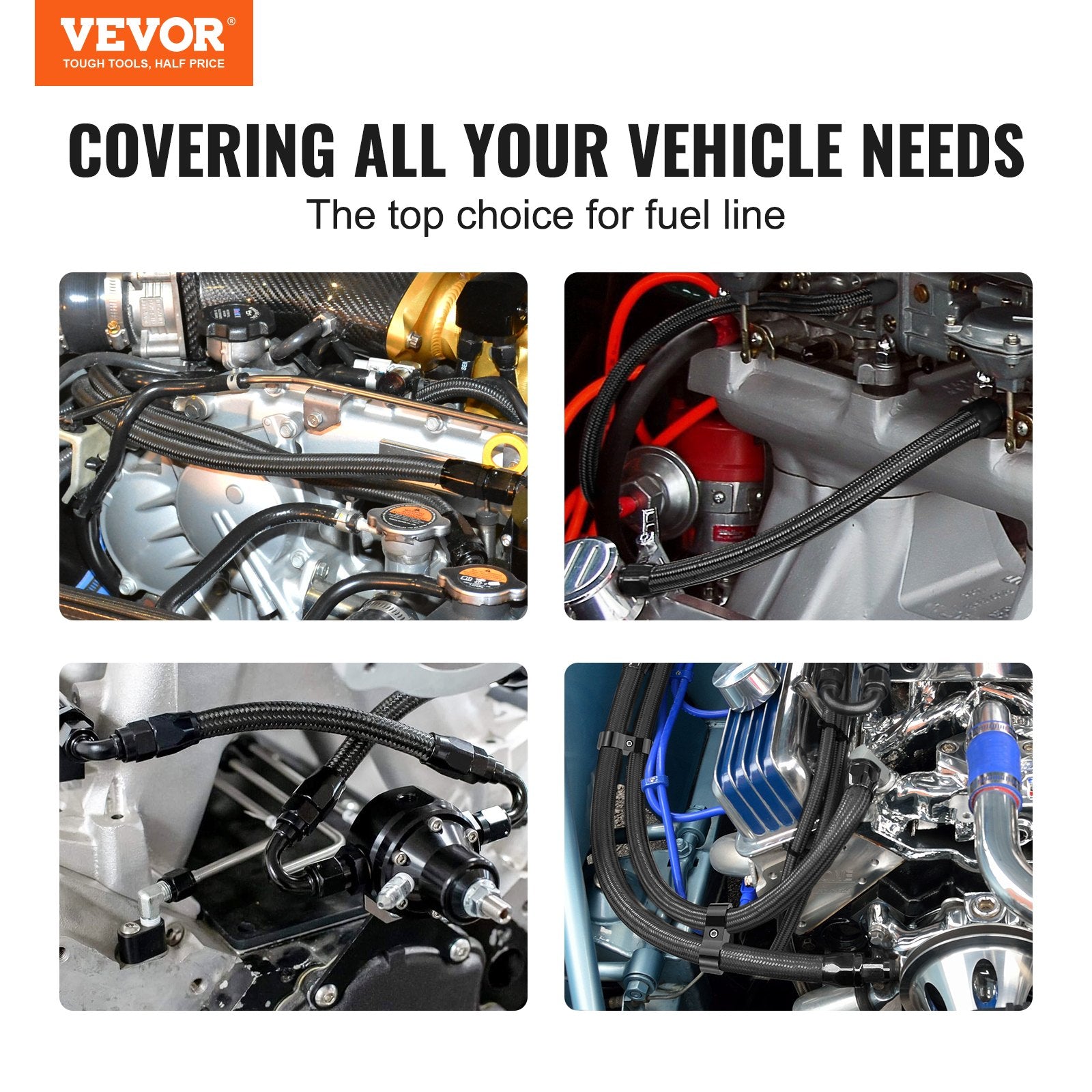 Fuel & Exhaust: VEVOR 8AN Fuel Line Kit, 6.1 m Fuel Hose Kit, 1.0 cm Nylon Stainless Steel Braided Fuel Line Oil/Gas/Diesel Hose End Fitting Kit, with 12 PCS Swivel Fitting Adapter Kit, Black