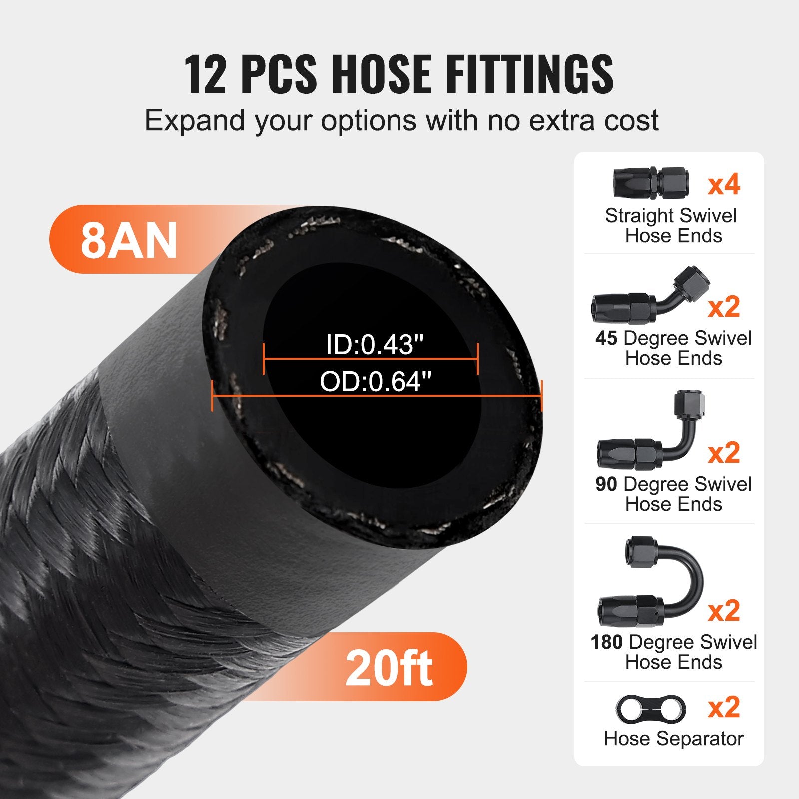 Fuel & Exhaust: VEVOR 8AN Fuel Line Kit, 6.1 m Fuel Hose Kit, 1.0 cm Nylon Stainless Steel Braided Fuel Line Oil/Gas/Diesel Hose End Fitting Kit, with 12 PCS Swivel Fitting Adapter Kit, Black
