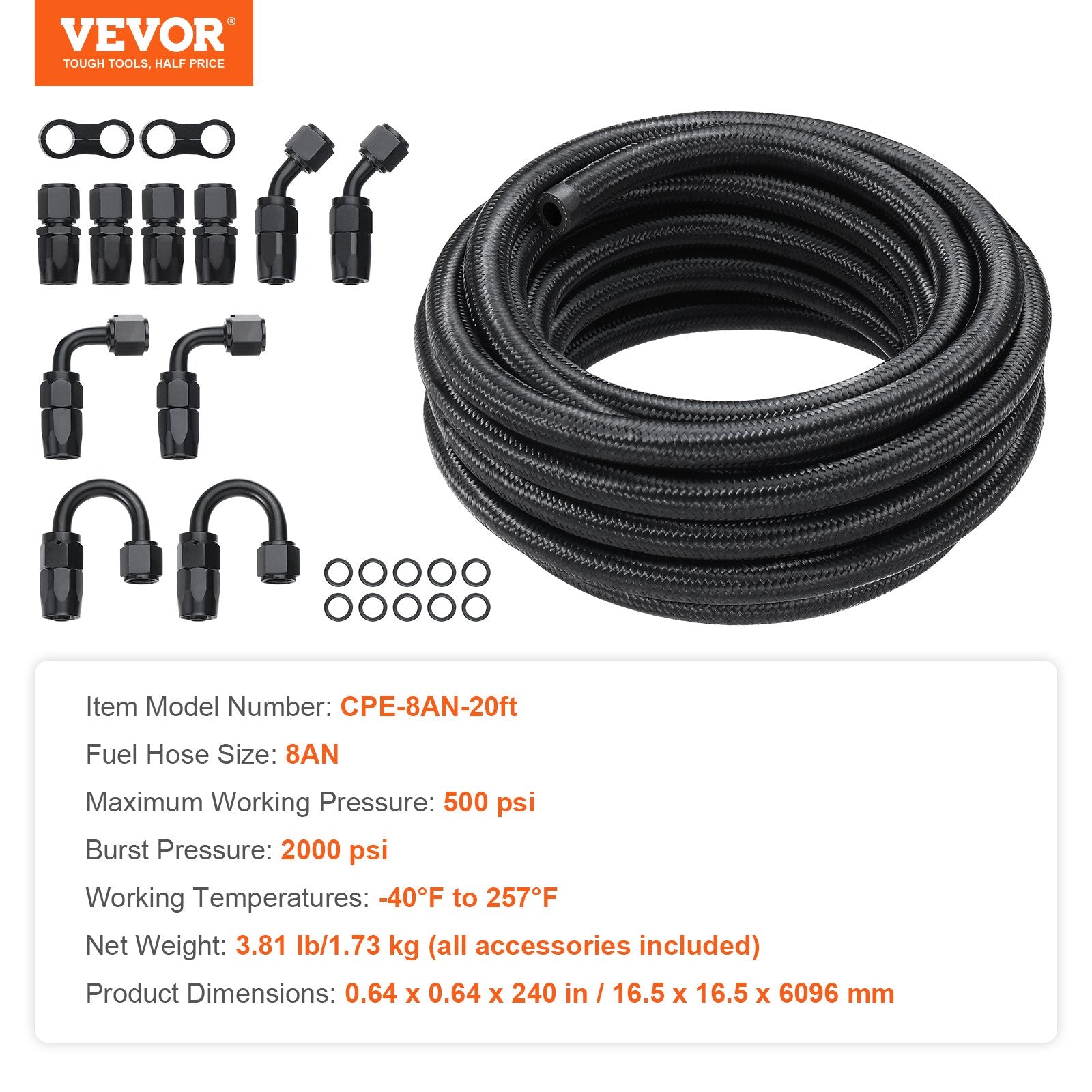 Fuel & Exhaust: VEVOR 8AN Fuel Line Kit, 6.1 m Fuel Hose Kit, 1.0 cm Nylon Stainless Steel Braided Fuel Line Oil/Gas/Diesel Hose End Fitting Kit, with 12 PCS Swivel Fitting Adapter Kit, Black