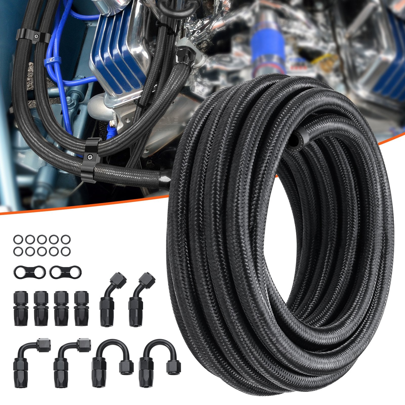 Fuel & Exhaust: VEVOR 8AN Fuel Line Kit, 6.1 m Fuel Hose Kit, 1.0 cm Nylon Stainless Steel Braided Fuel Line Oil/Gas/Diesel Hose End Fitting Kit, with 12 PCS Swivel Fitting Adapter Kit, Black