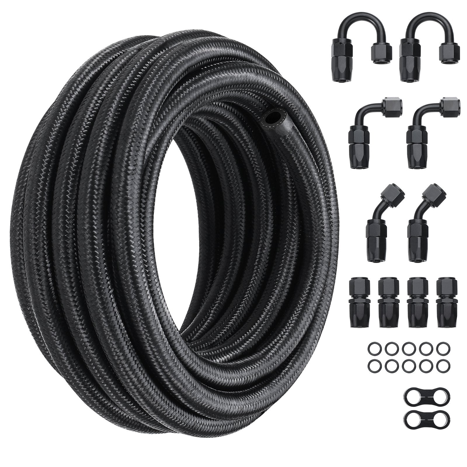 Fuel & Exhaust: VEVOR 8AN Fuel Line Kit, 6.1 m Fuel Hose Kit, 1.0 cm Nylon Stainless Steel Braided Fuel Line Oil/Gas/Diesel Hose End Fitting Kit, with 12 PCS Swivel Fitting Adapter Kit, Black
