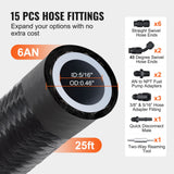 Fuel & Exhaust: VEVOR 6AN Fuel Line Kit, 7.62 m Fuel Hose Kit, Nylon Stainless Steel Braided PTFE Fuel Line Kit, E85/Oil/Gas/Diesel Hose End Fitting Kit, with 15 PCS Swivel Fitting Adapter Kit, Black