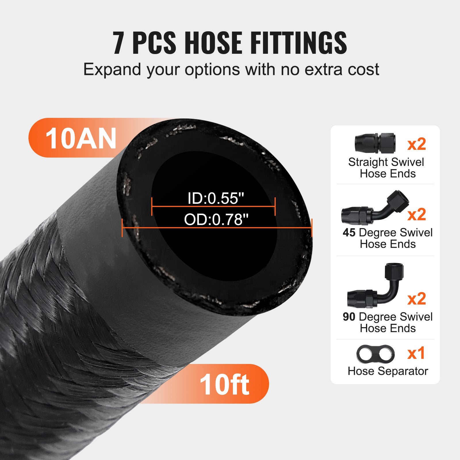 10AN Fuel Line Kit, 3.05 m Fuel Hose Kit, 1.4 cm Nylon Stainless Steel Braided Fuel Line Oil/Gas/Diesel Hose End Fitting Kit, with 7 PCS Swivel Fitting Adapter Kit, Black