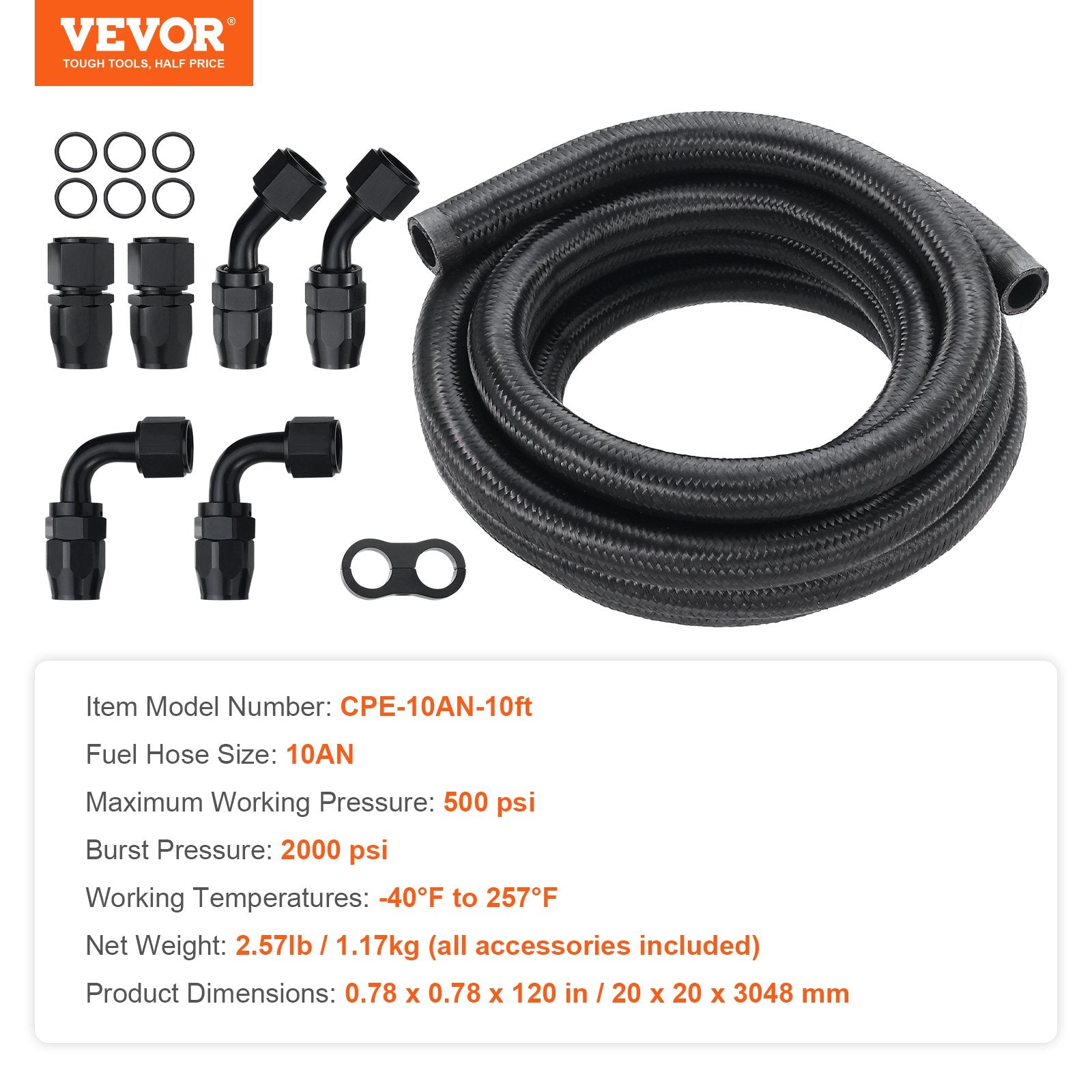 10AN Fuel Line Kit, 3.05 m Fuel Hose Kit, 1.4 cm Nylon Stainless Steel Braided Fuel Line Oil/Gas/Diesel Hose End Fitting Kit, with 7 PCS Swivel Fitting Adapter Kit, Black