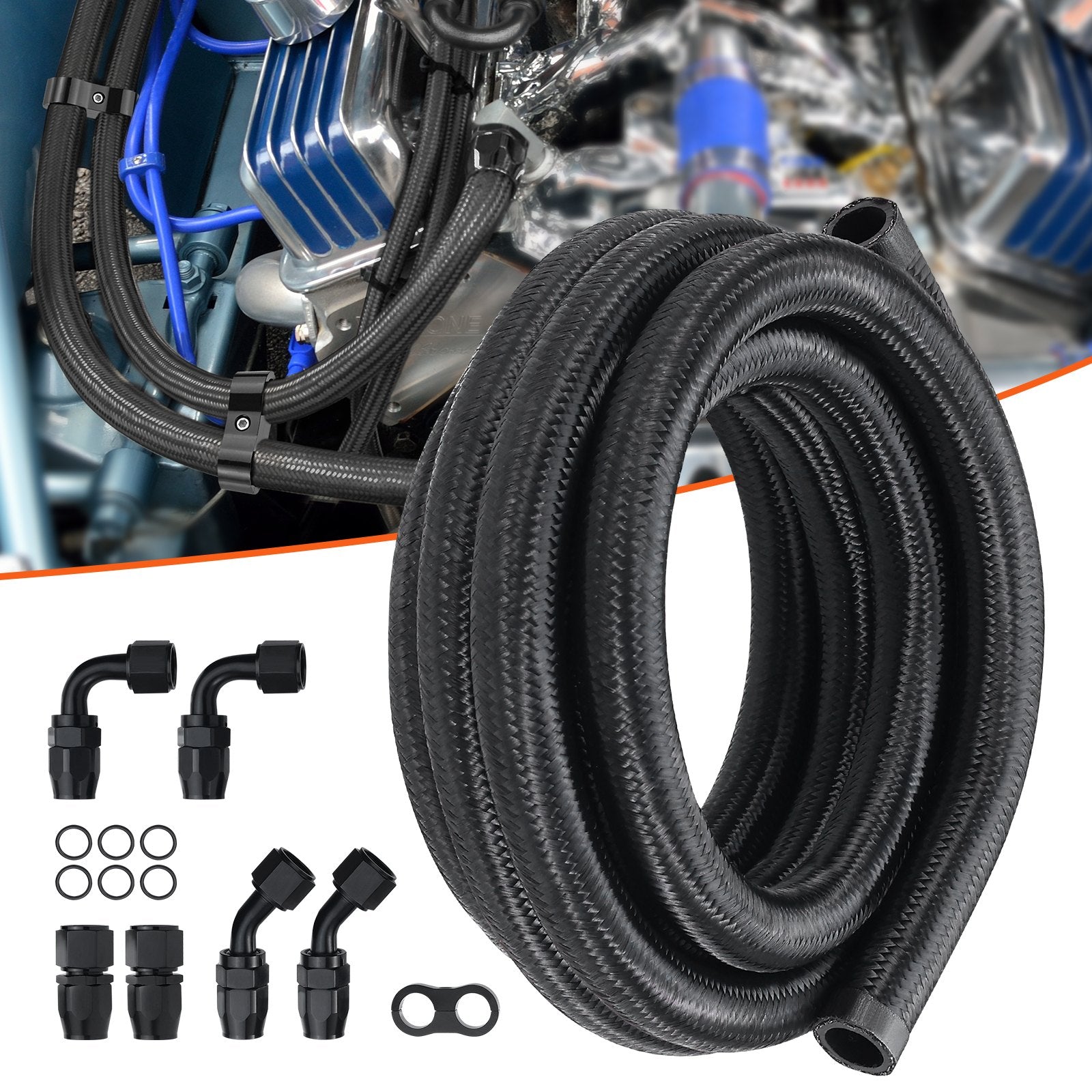 10AN Fuel Line Kit, 3.05 m Fuel Hose Kit, 1.4 cm Nylon Stainless Steel Braided Fuel Line Oil/Gas/Diesel Hose End Fitting Kit, with 7 PCS Swivel Fitting Adapter Kit, Black