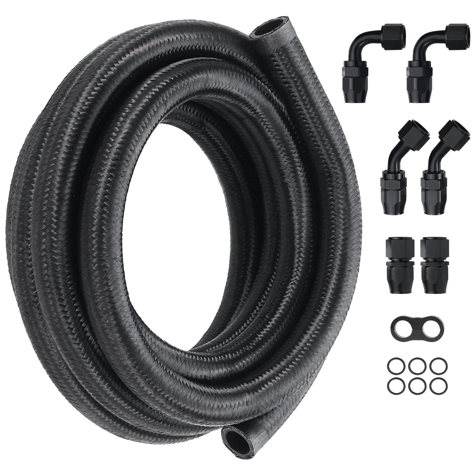 10AN Fuel Line Kit, 3.05 m Fuel Hose Kit, 1.4 cm Nylon Stainless Steel Braided Fuel Line Oil/Gas/Diesel Hose End Fitting Kit, with 7 PCS Swivel Fitting Adapter Kit, Black