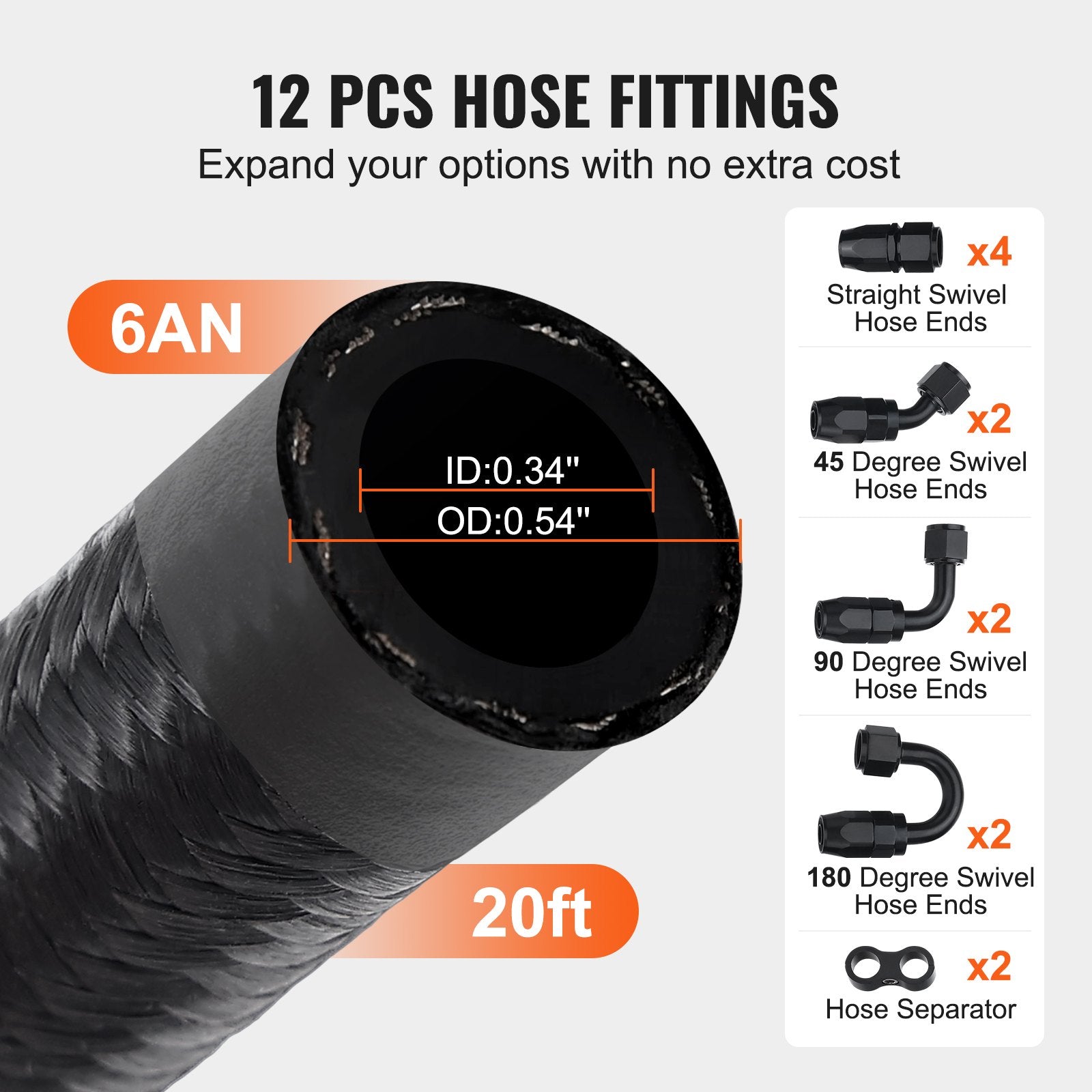 6AN Fuel Line Kit, 6.1 m Fuel Hose Kit, 0.86 cm Nylon Stainless Steel Braided Fuel Line Oil/Gas/Diesel Hose End Fitting Kit, with 12 PCS Swivel Fitting Adapter Kit, Black