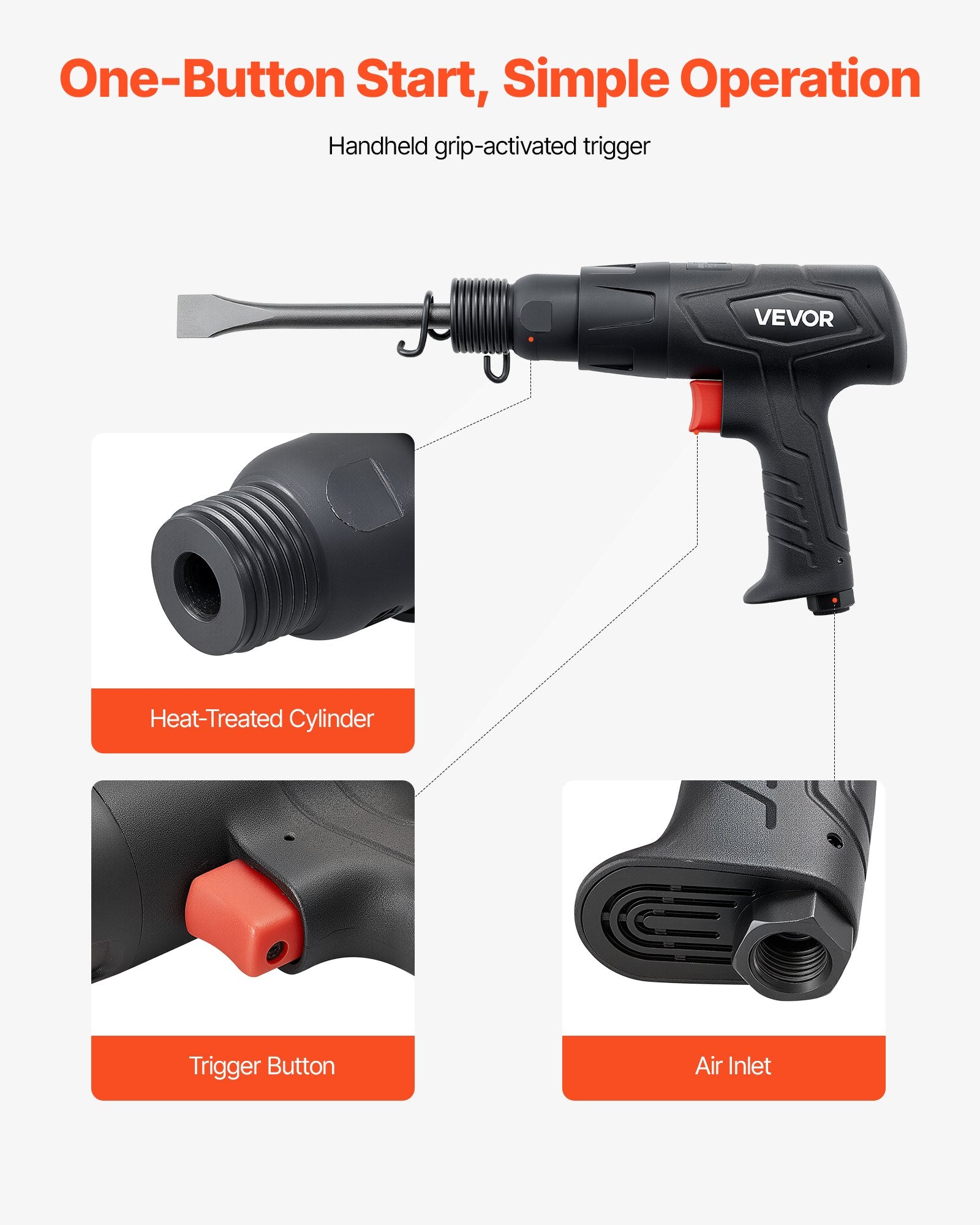 Power Drills & Accessories: VEVOR Air Hammer, 2500-2700BPM Pneumatic Hammer with 70mm Stroke & 4PCS 170mm Long Barrel Chisels, Pistol-Grip Compact Air Chisel Pneumatic Shovel Tool for Cutting Scraping Demolishing