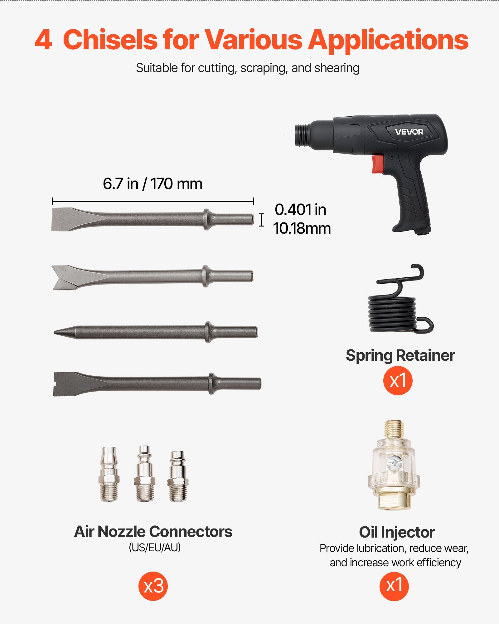 Power Drills & Accessories: VEVOR Air Hammer, 2500-2700BPM Pneumatic Hammer with 70mm Stroke & 4PCS 170mm Long Barrel Chisels, Pistol-Grip Compact Air Chisel Pneumatic Shovel Tool for Cutting Scraping Demolishing