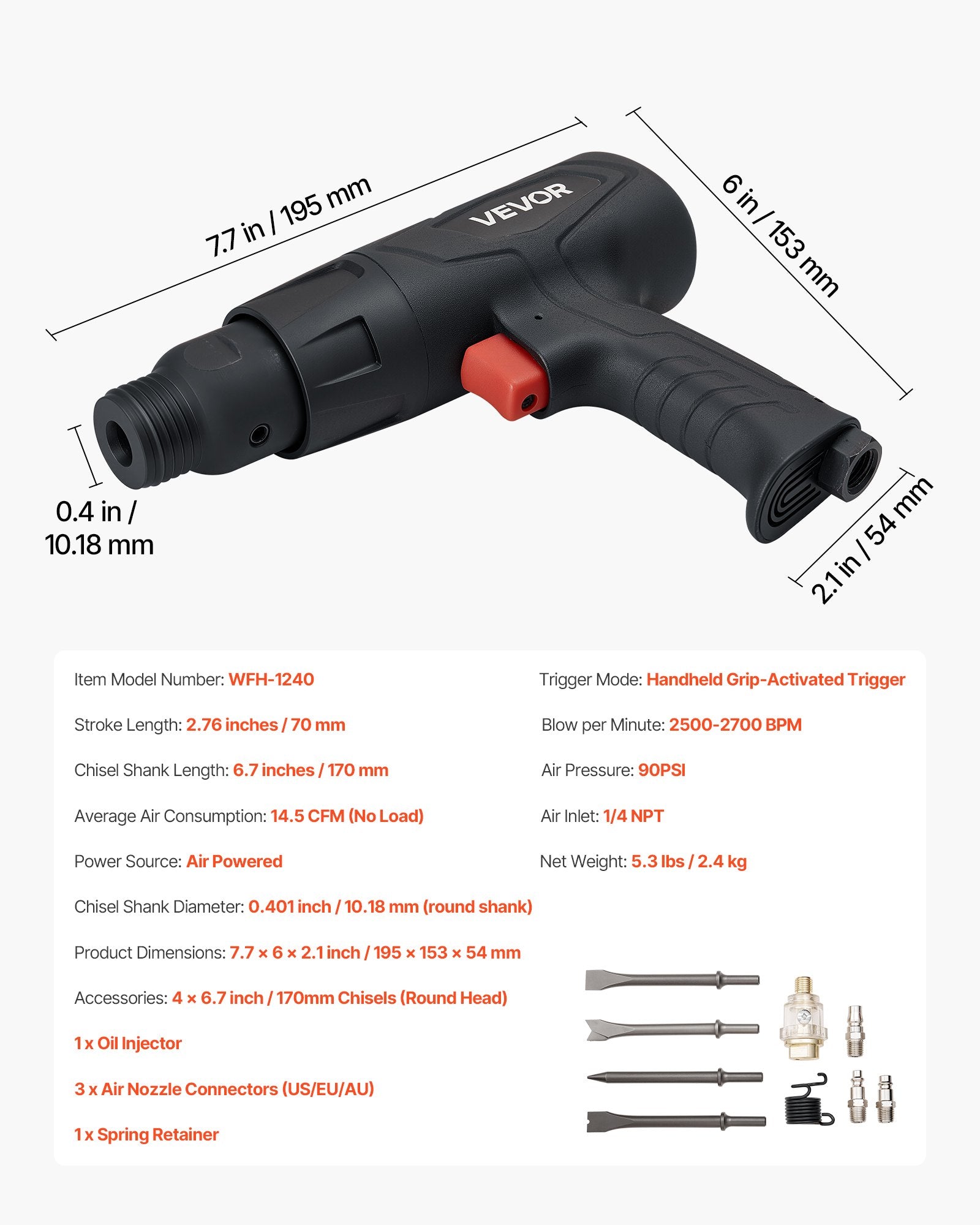Power Drills & Accessories: VEVOR Air Hammer, 2500-2700BPM Pneumatic Hammer with 70mm Stroke & 4PCS 170mm Long Barrel Chisels, Pistol-Grip Compact Air Chisel Pneumatic Shovel Tool for Cutting Scraping Demolishing