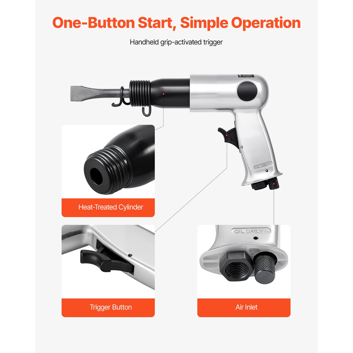 Air Hammer, 3500BPM Pneumatic Hammer with 70mm Stroke & 4PCS Chisels Round Shank, Pistol-Grip Compact Air Chisel Pneumatic Shovel Tool for Cutting Punching Scraping