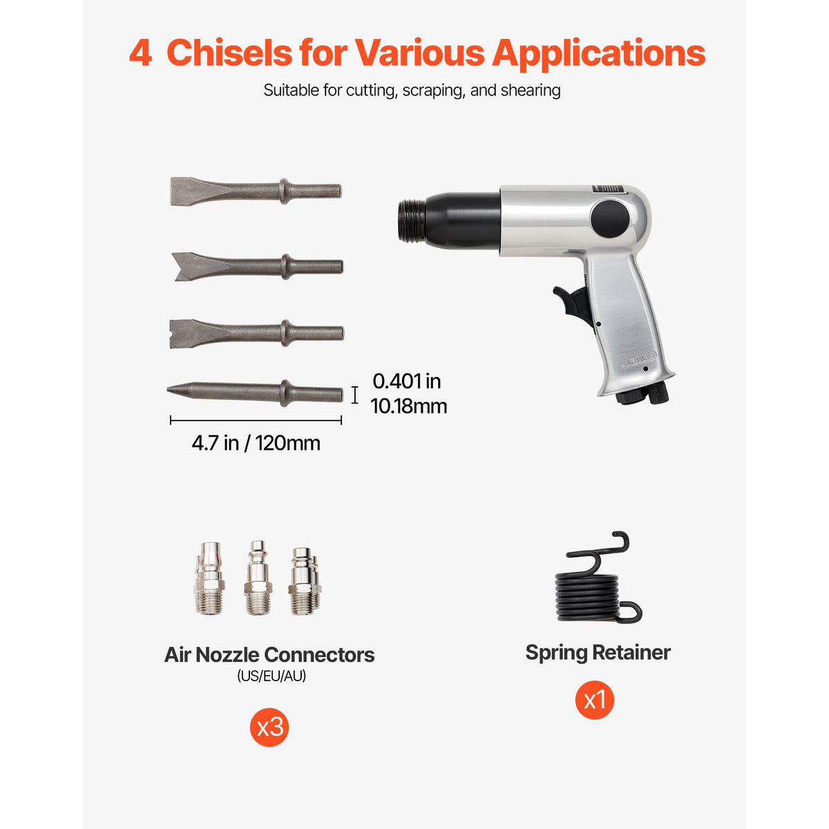 Air Hammer, 3500BPM Pneumatic Hammer with 70mm Stroke & 4PCS Chisels Round Shank, Pistol-Grip Compact Air Chisel Pneumatic Shovel Tool for Cutting Punching Scraping