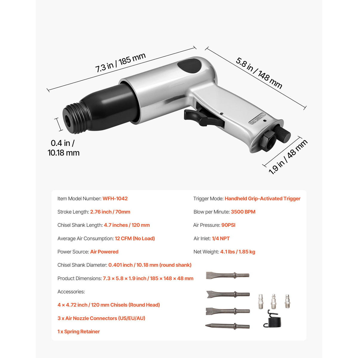Air Hammer, 3500BPM Pneumatic Hammer with 70mm Stroke & 4PCS Chisels Round Shank, Pistol-Grip Compact Air Chisel Pneumatic Shovel Tool for Cutting Punching Scraping