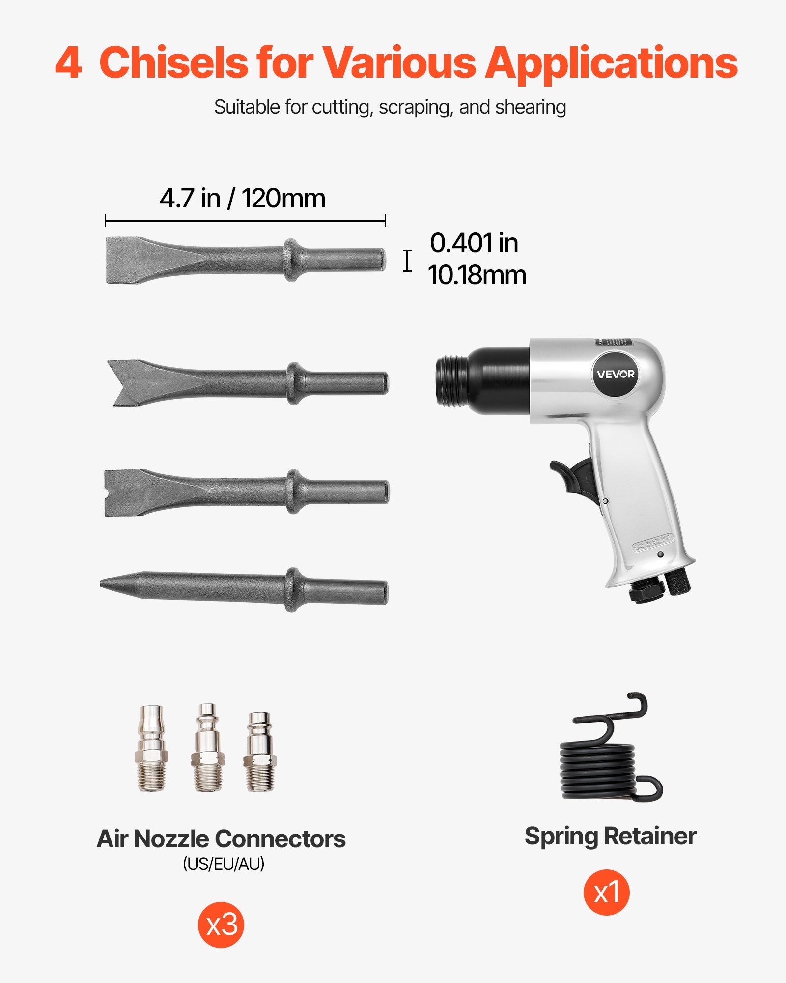 Power Drills & Accessories: VEVOR Air Hammer, 4500BPM Pneumatic Hammer with 40mm Stroke & 4PCS Chisels Round Shank, Lightweight & Compact Air Chisel Pneumatic Shovel Tool for Cutting Punching Scraping