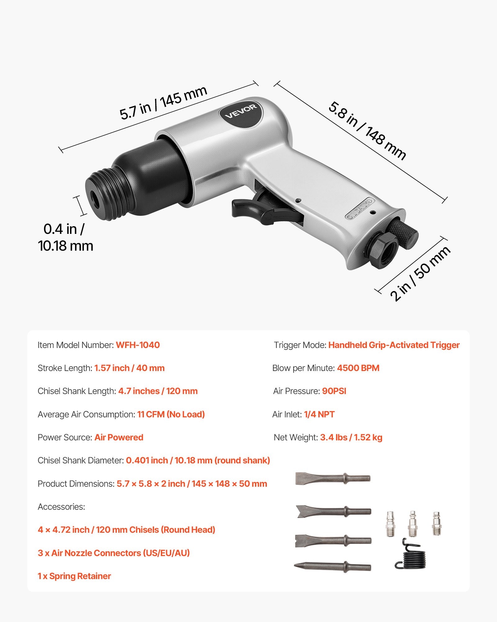 Power Drills & Accessories: VEVOR Air Hammer, 4500BPM Pneumatic Hammer with 40mm Stroke & 4PCS Chisels Round Shank, Lightweight & Compact Air Chisel Pneumatic Shovel Tool for Cutting Punching Scraping