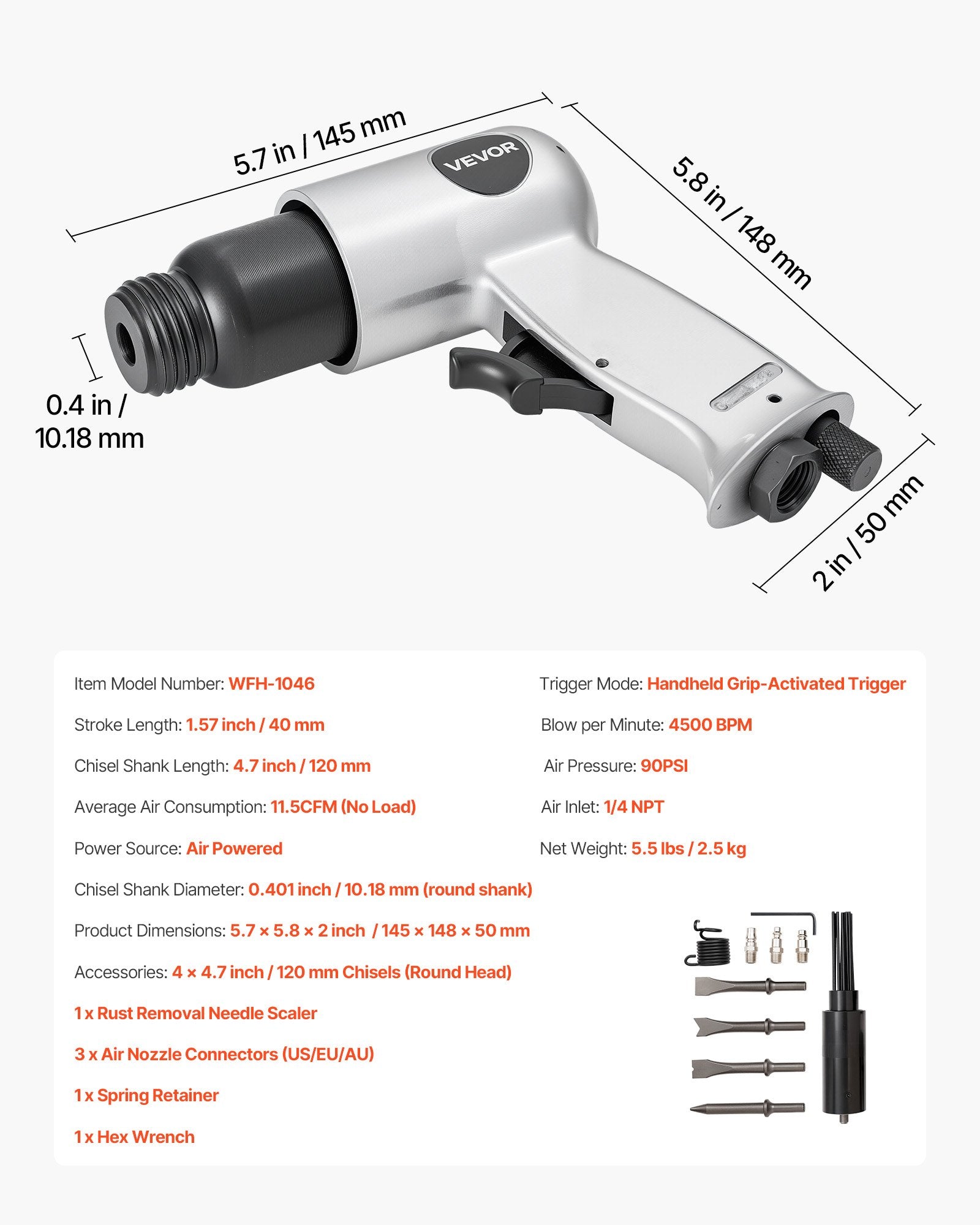 Power Drills & Accessories: VEVOR Air Hammer, 4500BPM Pneumatic Hammer with Rust Removal Air Needle Scaler & 4PCS Chisels Round Shank, Lightweight & Compact Air Chisel Pneumatic Shovel Tool for Cutting Scraping Demolishing