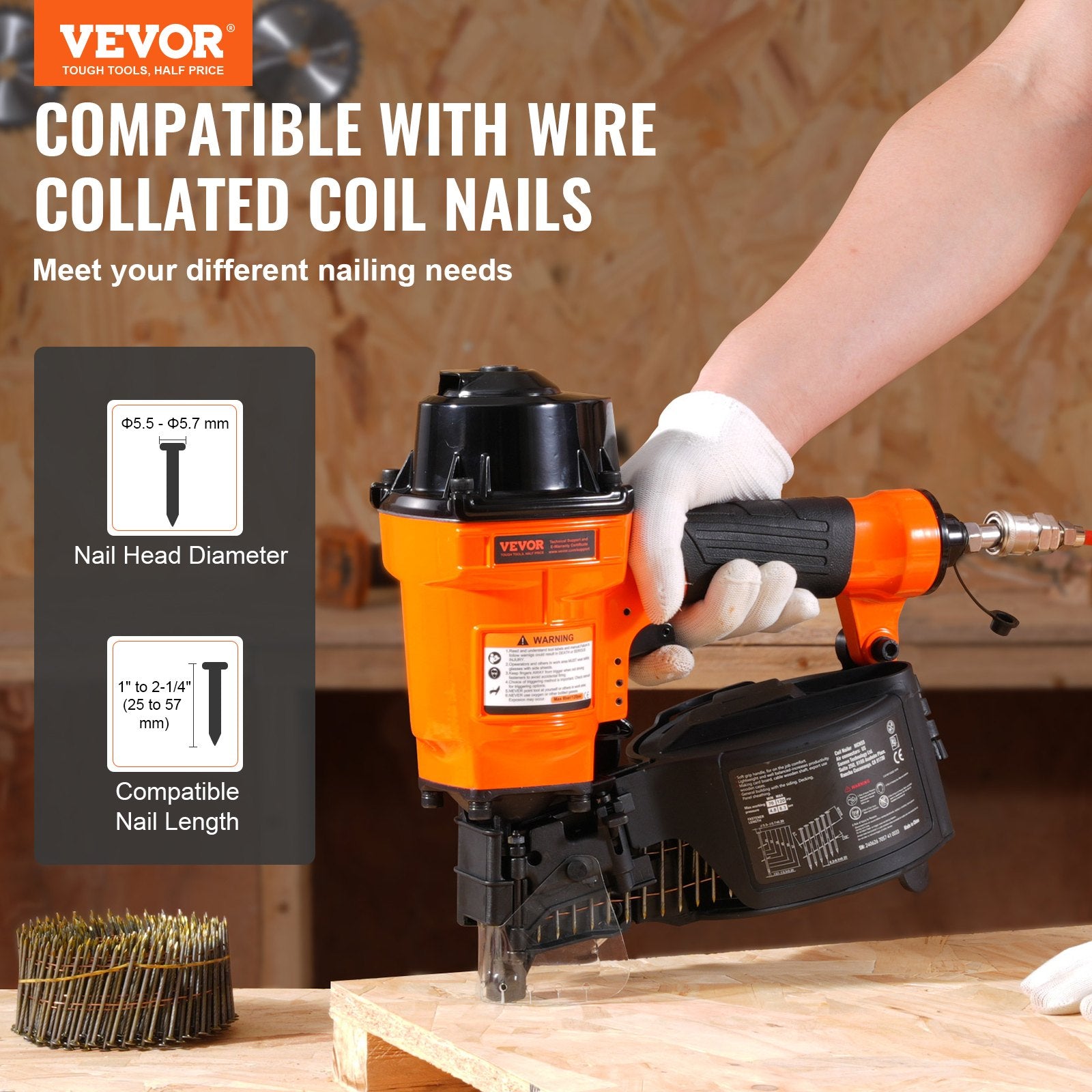 Nailers & Staplers: VEVOR MCN55 Coil Siding Nailer 27mm to 57mm 15 Degree Pneumatic Nail Gun