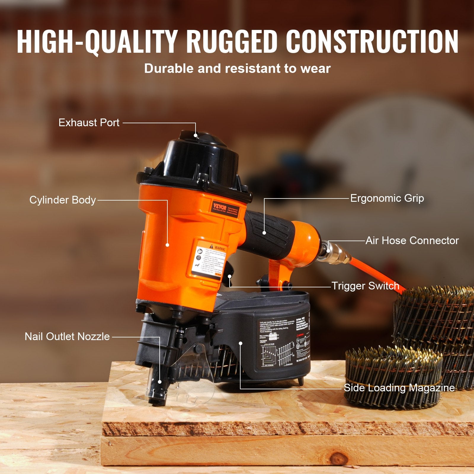 Nailers & Staplers: VEVOR MCN55 Coil Siding Nailer 27mm to 57mm 15 Degree Pneumatic Nail Gun