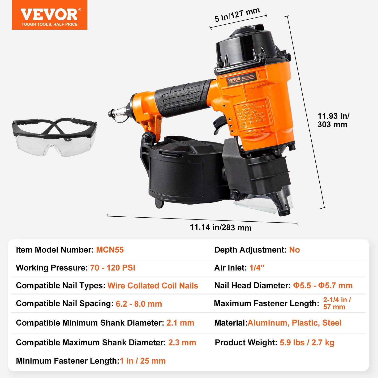 Nailers & Staplers: VEVOR MCN55 Coil Siding Nailer 27mm to 57mm 15 Degree Pneumatic Nail Gun