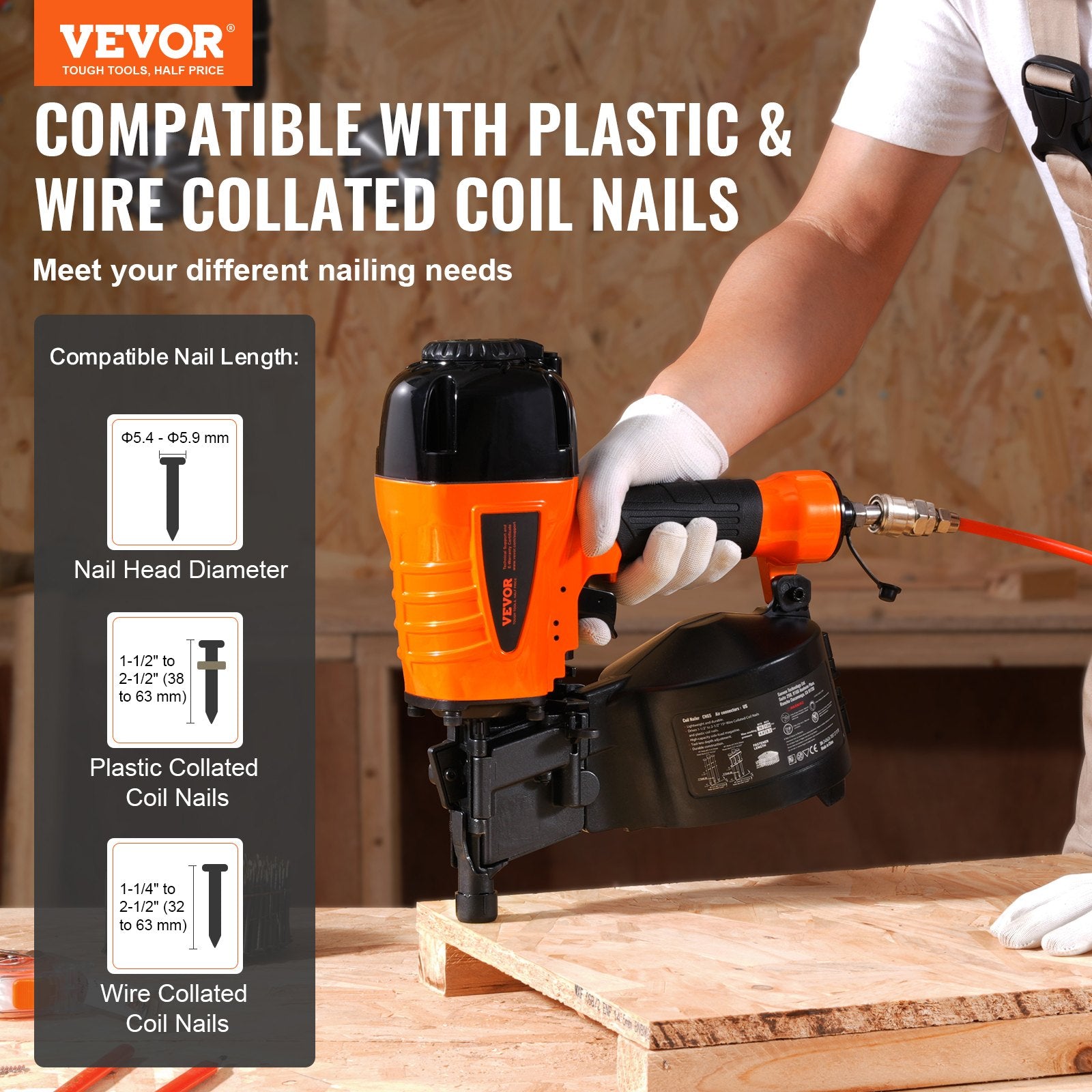 Nailers & Staplers: VEVOR CN65 Coil Siding Nailer 32mm to 63mm 15 Degree Pneumatic Nail Gun