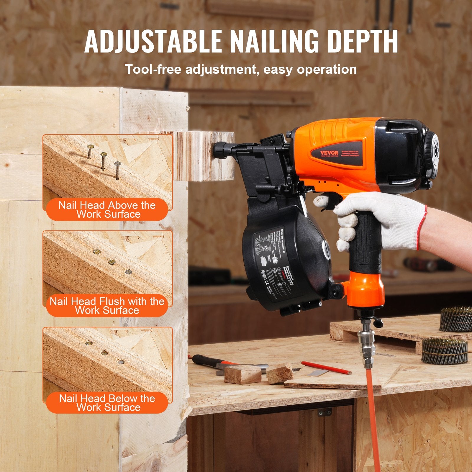 Nailers & Staplers: VEVOR CN65 Coil Siding Nailer 32mm to 63mm 15 Degree Pneumatic Nail Gun