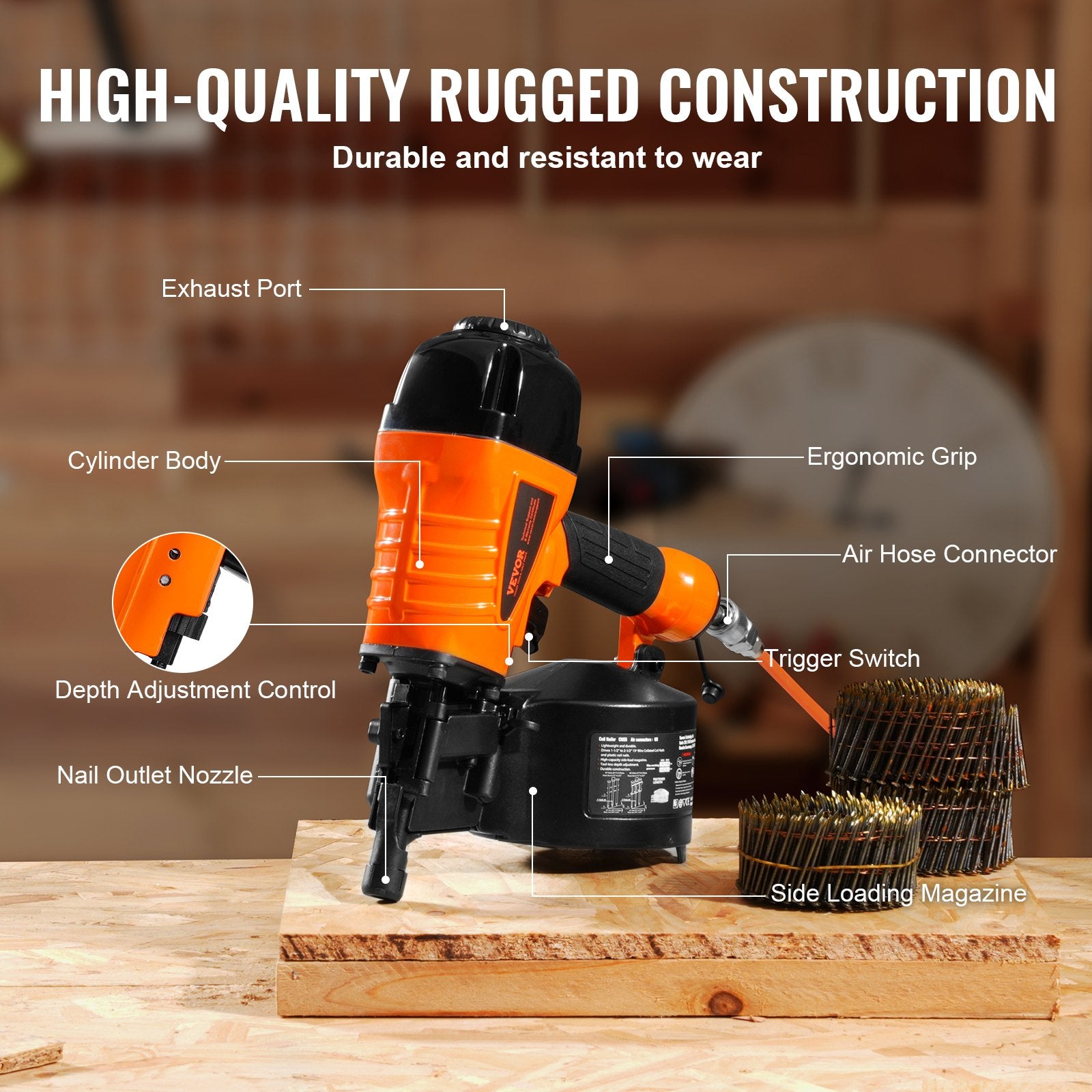 Nailers & Staplers: VEVOR CN65 Coil Siding Nailer 32mm to 63mm 15 Degree Pneumatic Nail Gun