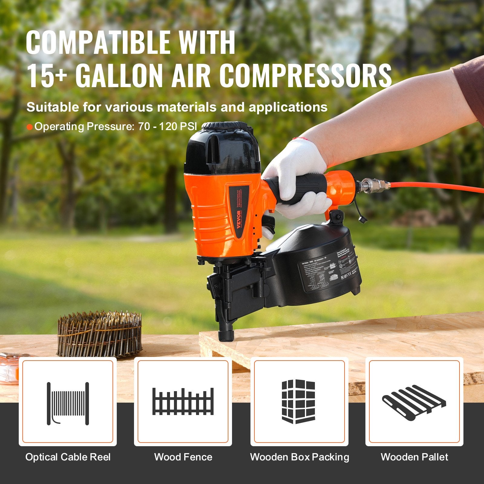 Nailers & Staplers: VEVOR CN65 Coil Siding Nailer 32mm to 63mm 15 Degree Pneumatic Nail Gun