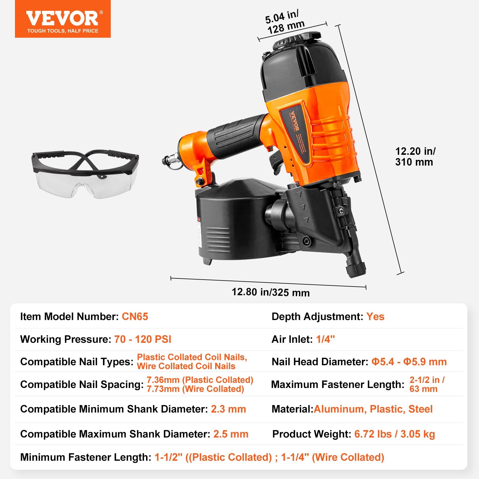 Nailers & Staplers: VEVOR CN65 Coil Siding Nailer 32mm to 63mm 15 Degree Pneumatic Nail Gun