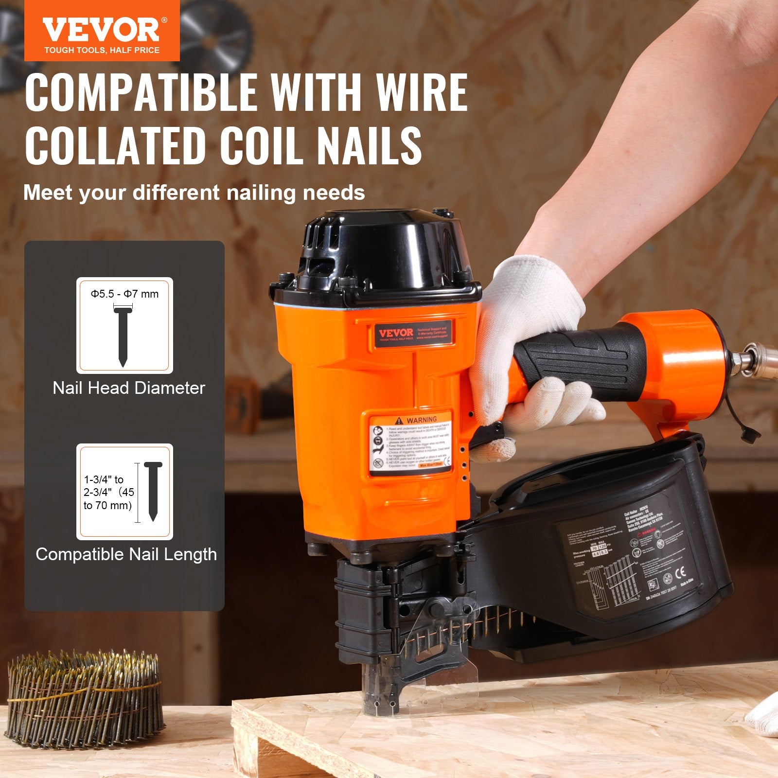Nailers & Staplers: VEVOR MCN70 Coil Siding Nailer 45mm to 70mm 15 Degree Pneumatic Nail Gun