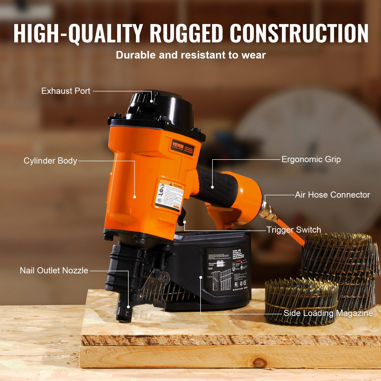 Nailers & Staplers: VEVOR MCN70 Coil Siding Nailer 45mm to 70mm 15 Degree Pneumatic Nail Gun