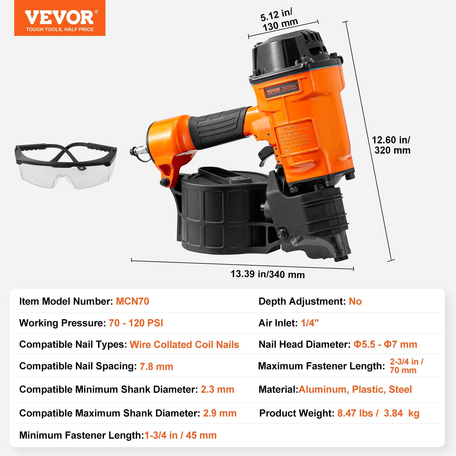 Nailers & Staplers: VEVOR MCN70 Coil Siding Nailer 45mm to 70mm 15 Degree Pneumatic Nail Gun