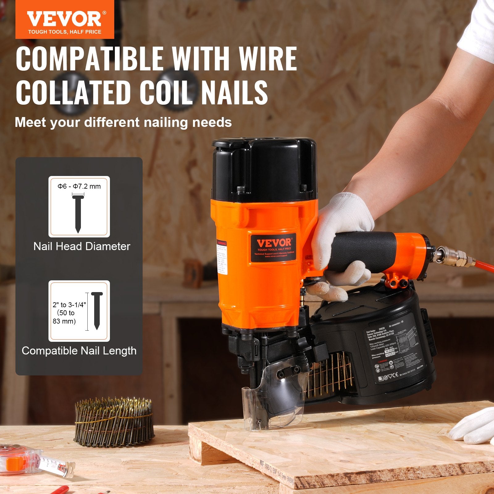 Nailers & Staplers: VEVOR CN83N Coil Siding Nailer 50mm to 83mm 15 Degree Pneumatic Nail Gun