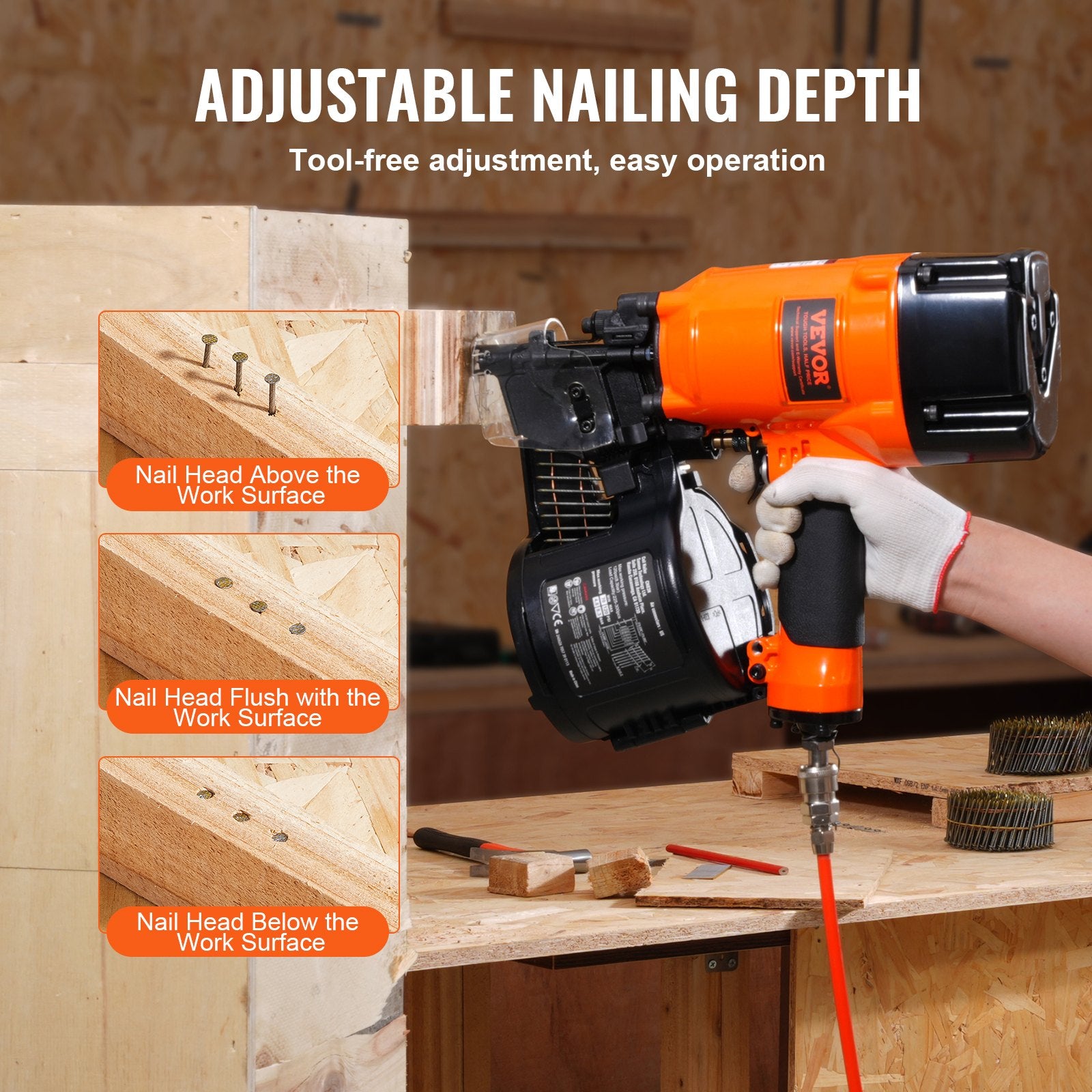 Nailers & Staplers: VEVOR CN83N Coil Siding Nailer 50mm to 83mm 15 Degree Pneumatic Nail Gun