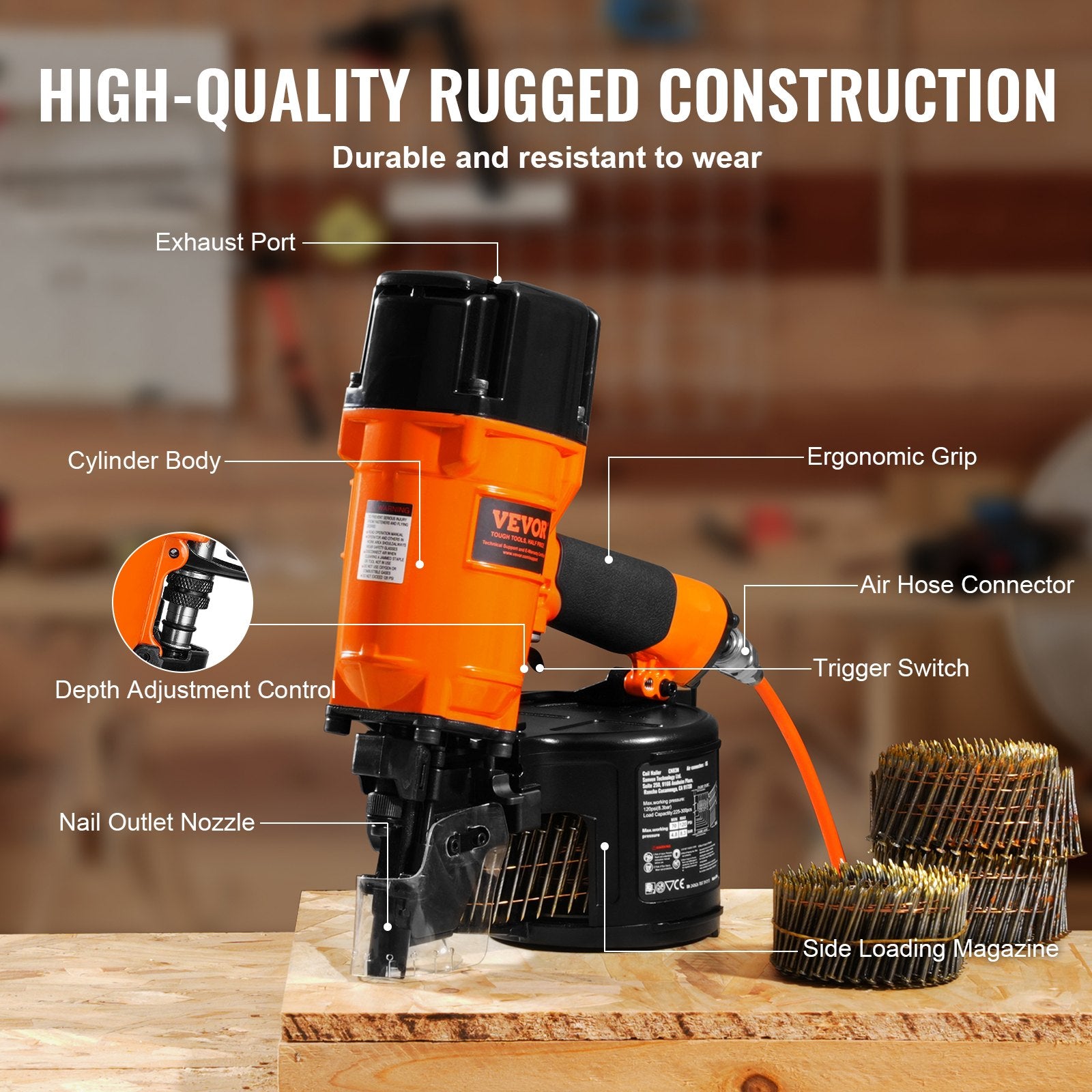 Nailers & Staplers: VEVOR CN83N Coil Siding Nailer 50mm to 83mm 15 Degree Pneumatic Nail Gun
