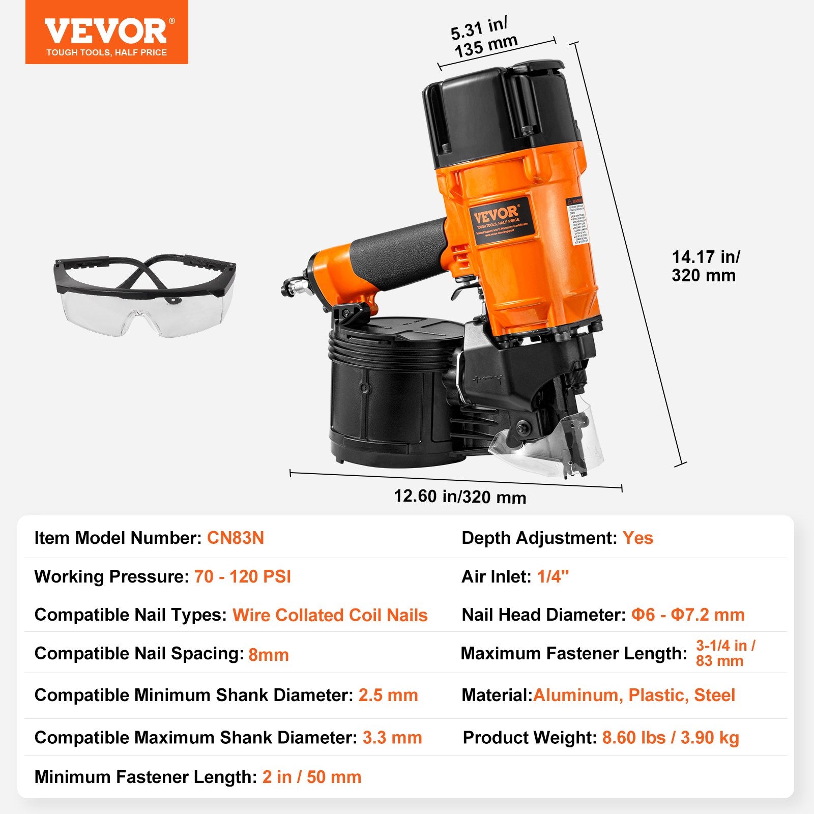 Nailers & Staplers: VEVOR CN83N Coil Siding Nailer 50mm to 83mm 15 Degree Pneumatic Nail Gun
