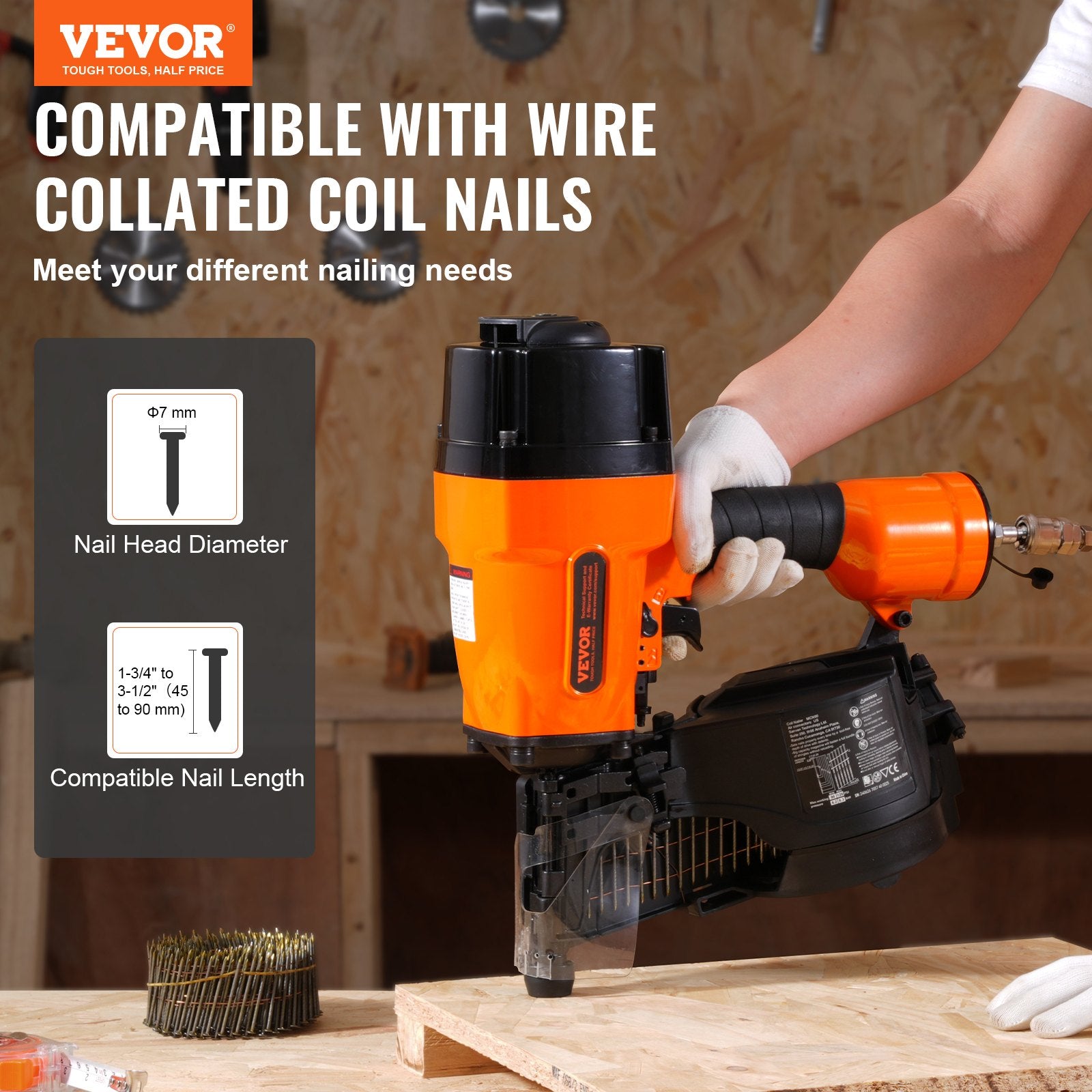 Nailers & Staplers: VEVOR MCN90 Coil Framing Nailer 45mm to 90mm 15 Degree Pneumatic Nail Gun