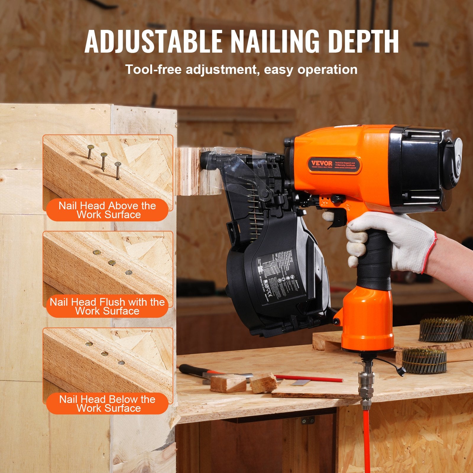Nailers & Staplers: VEVOR MCN90 Coil Framing Nailer 45mm to 90mm 15 Degree Pneumatic Nail Gun